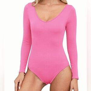 Pink Long Sleeve V-Neck Bodysuit